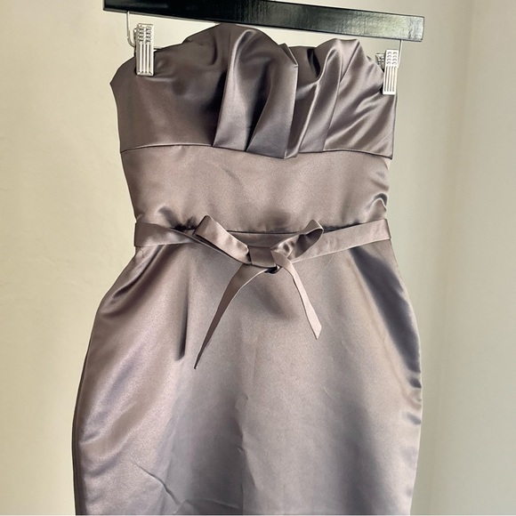 BCBGMazAzria Green Gray Strapless Satin Pleat Tie Waist Fitted Dress, Size 0 - Picture 2 of 8